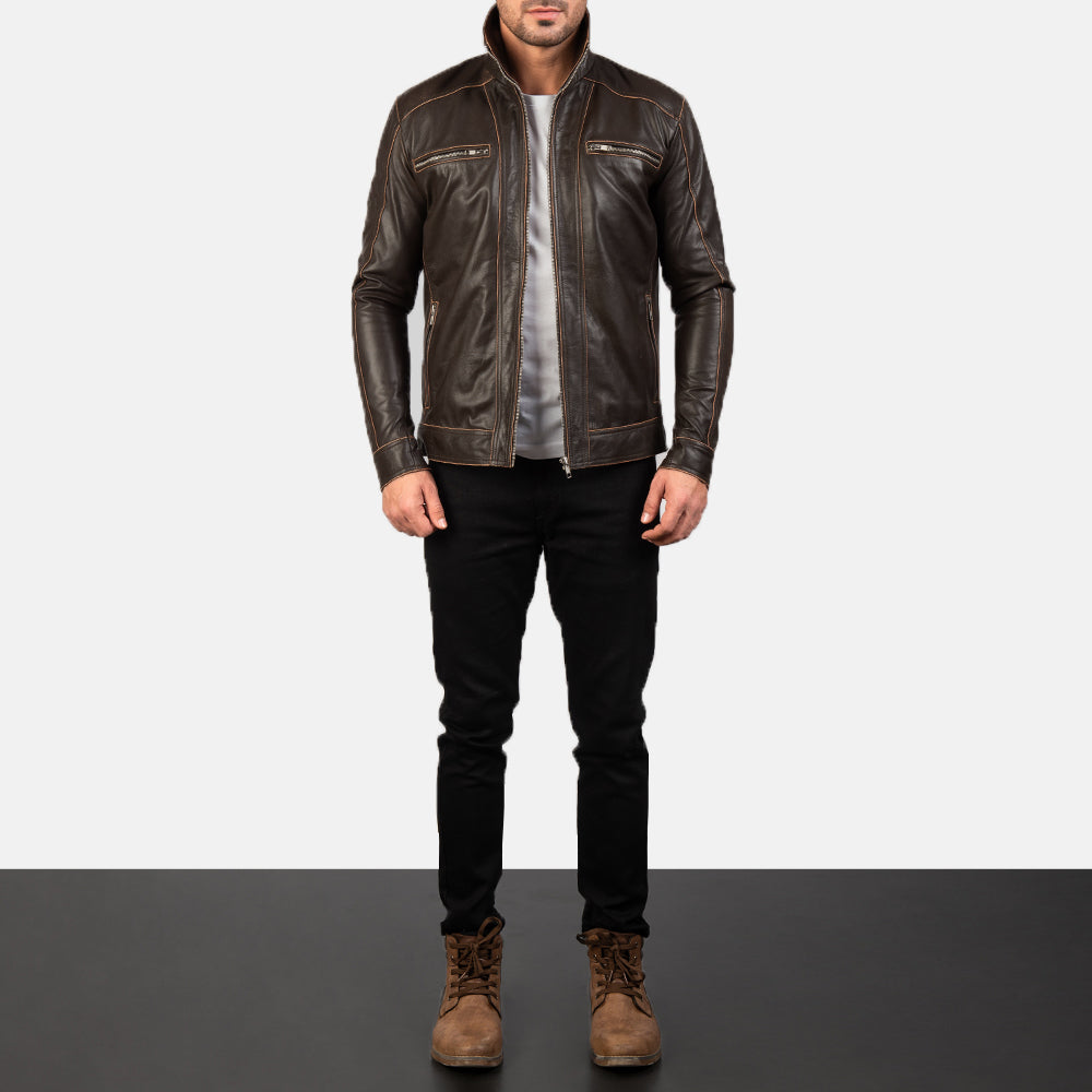 Hudson Brown Leather Biker Jacket by Dash Racegear - men Jacket view 3