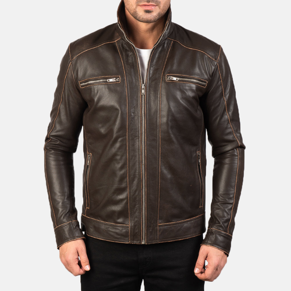 Hudson Brown Leather Biker Jacket by Dash Racegear - men Jacket view 4