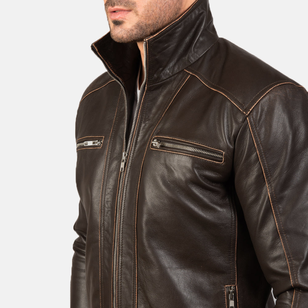 Hudson Brown Leather Biker Jacket by Dash Racegear - men Jacket view 6