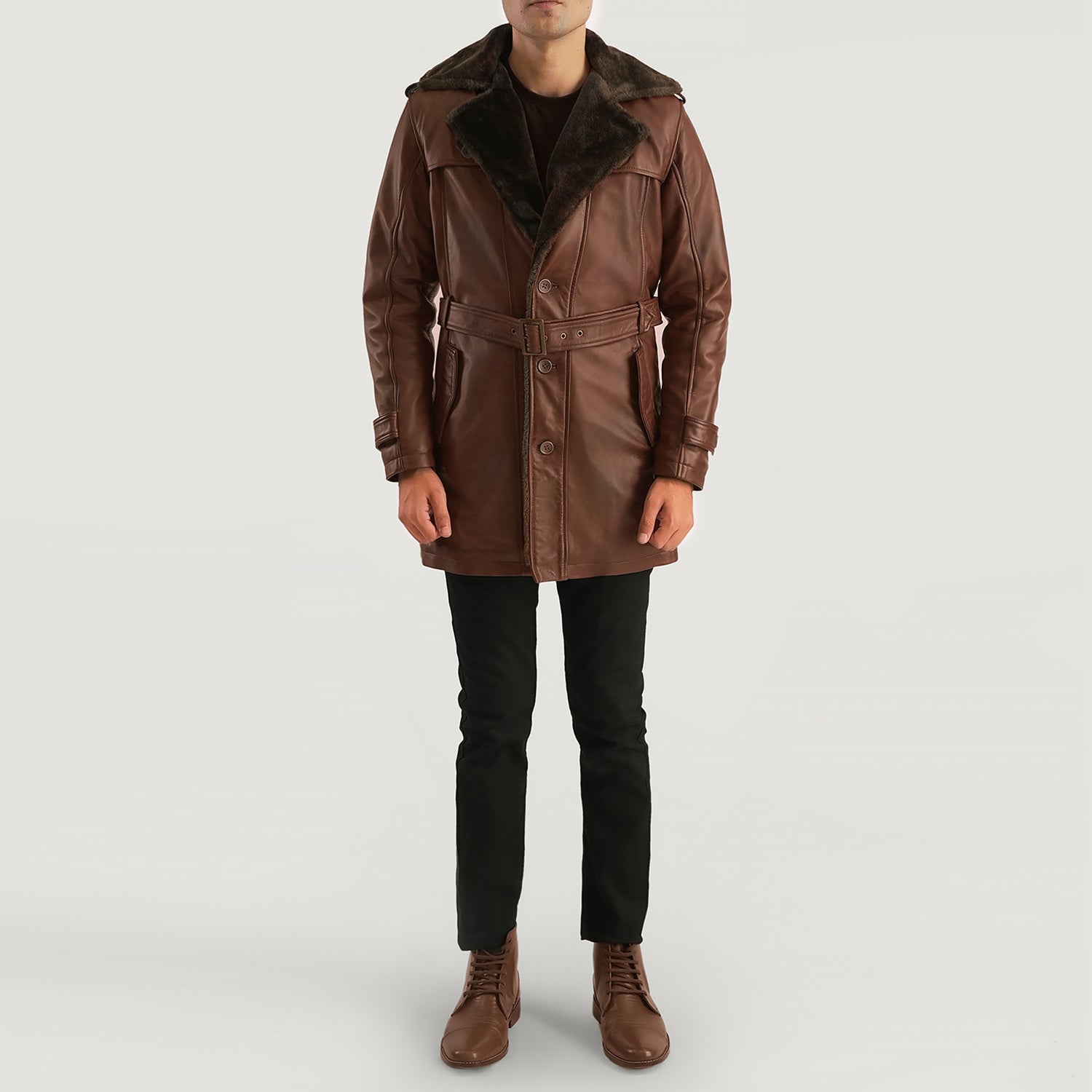 Hunter Distressed Brown Fur Leather Coat by Dash Racegear - men Jacket view 4