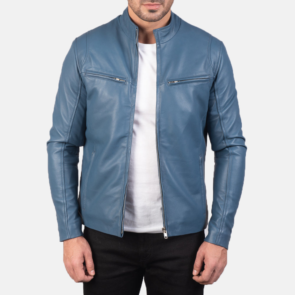 Ionic Blue Leather Biker Jacket by Dash Racegear - men Jacket view 1