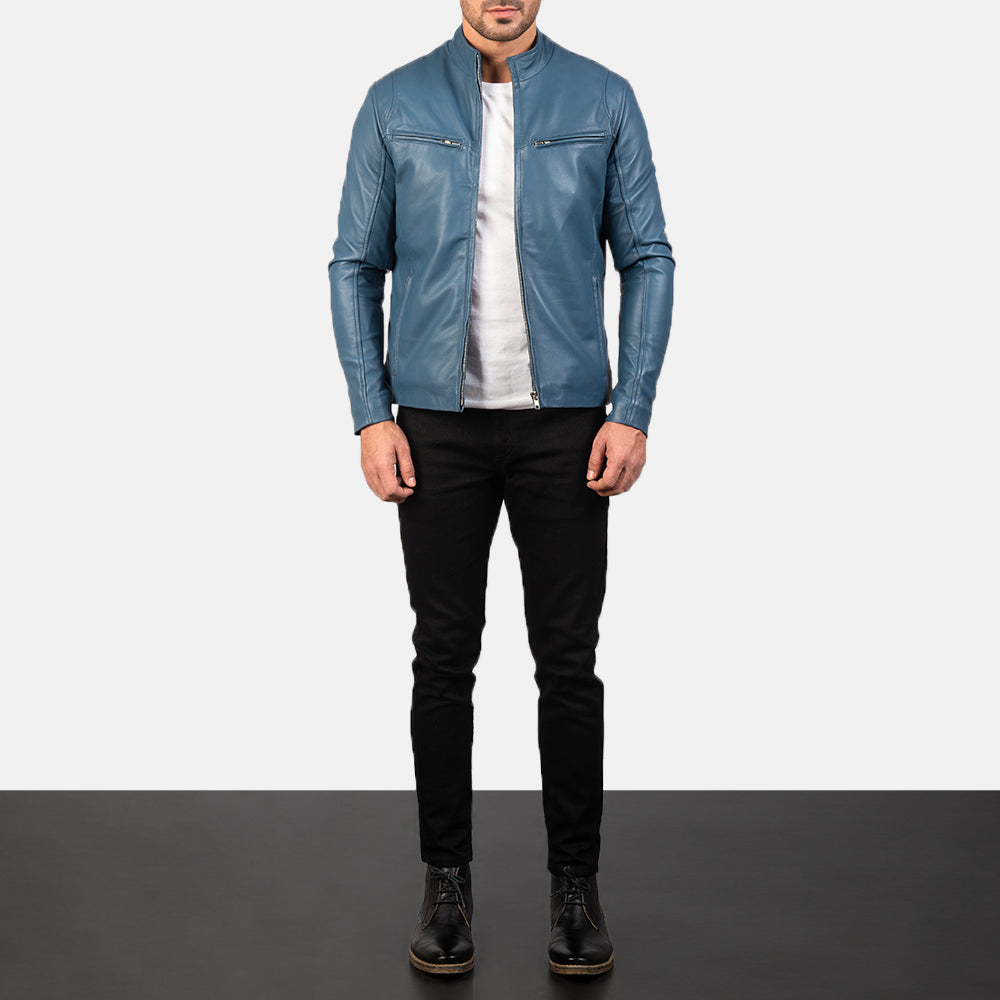 Ionic Blue Leather Biker Jacket by Dash Racegear - men Jacket view 3