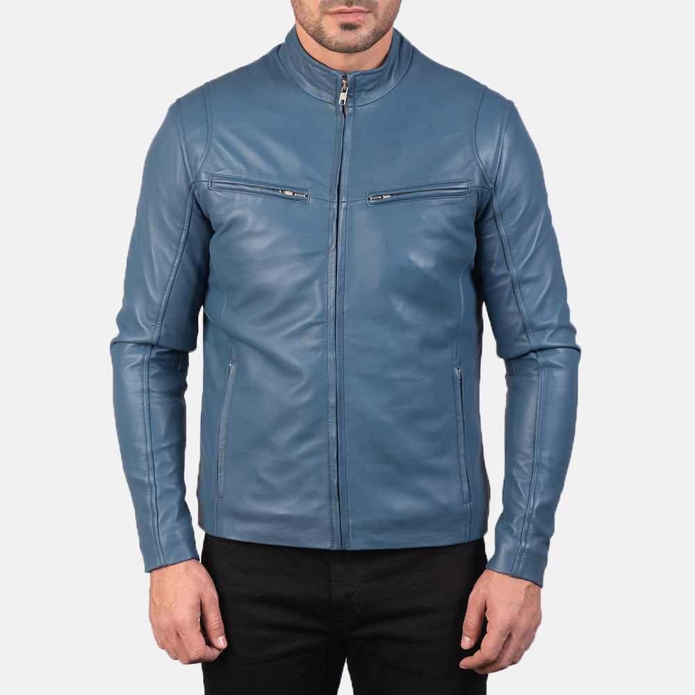 Ionic Blue Leather Biker Jacket by Dash Racegear - men Jacket view 4