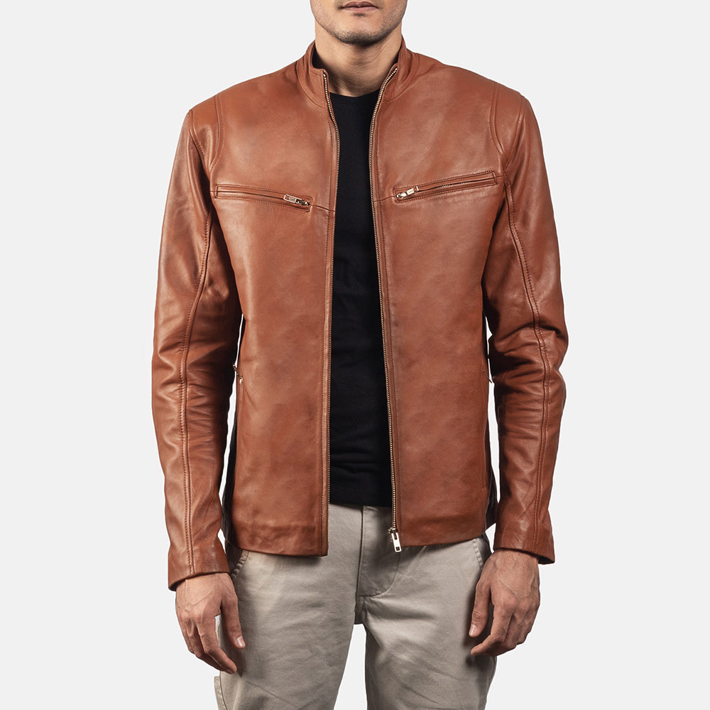 Ionic Brown Leather Biker Jacket by Dash Racegear - men Jacket view 1