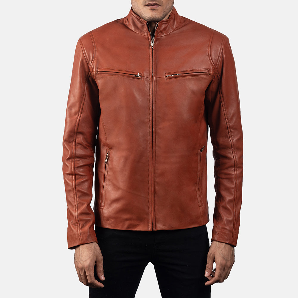 Ionic Tan Brown Leather Biker Jacket by Dash Racegear - men Jacket view 1