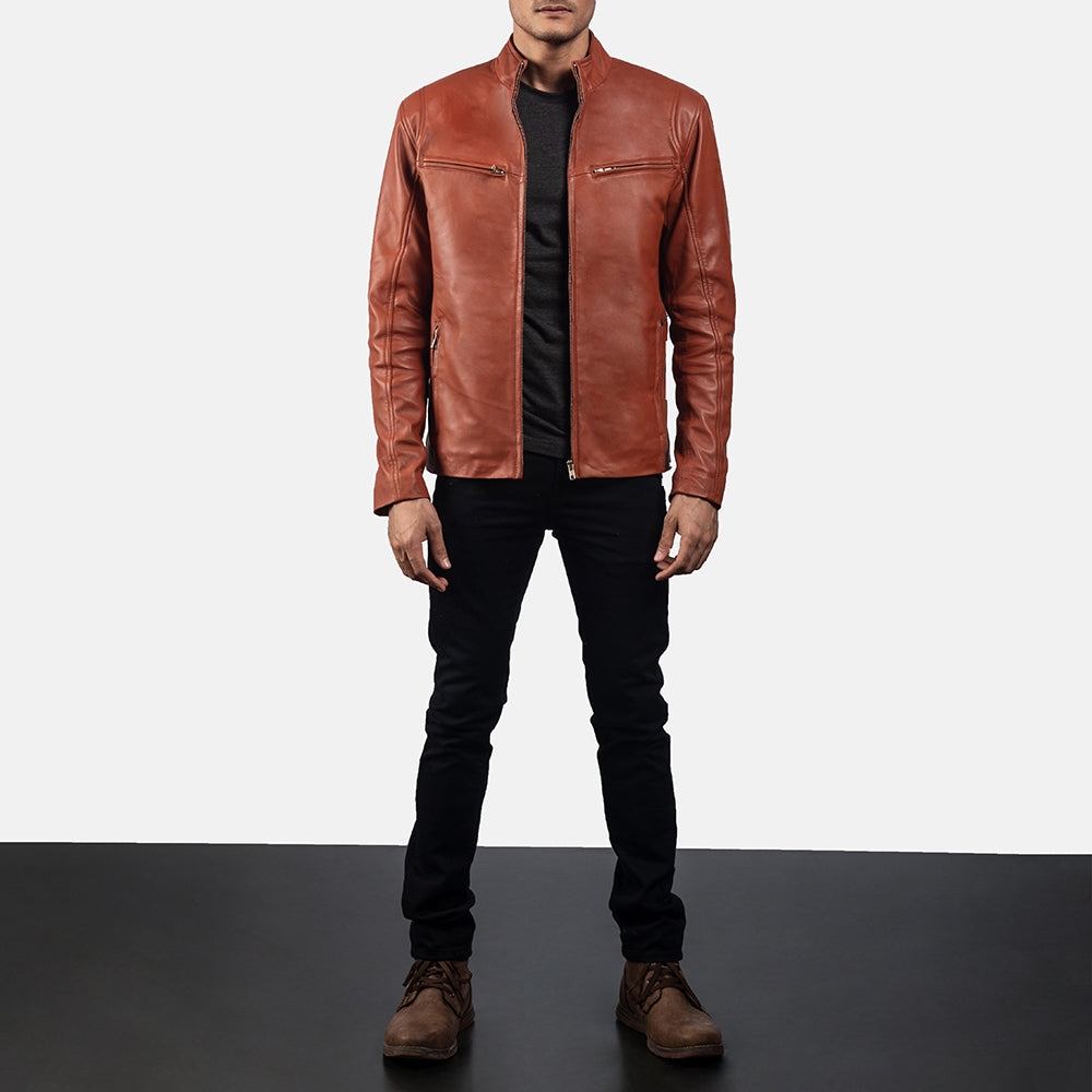 Ionic Tan Brown Leather Biker Jacket by Dash Racegear - men Jacket view 3