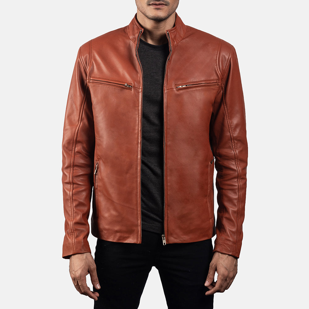 Ionic Tan Brown Leather Biker Jacket by Dash Racegear - men Jacket view 4