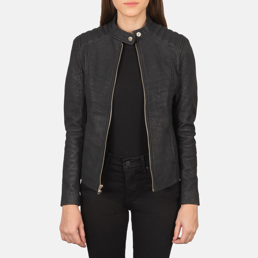 Kelsee Distressed Black Leather Biker Jacket by Dash Racegear - women Jacket view 1
