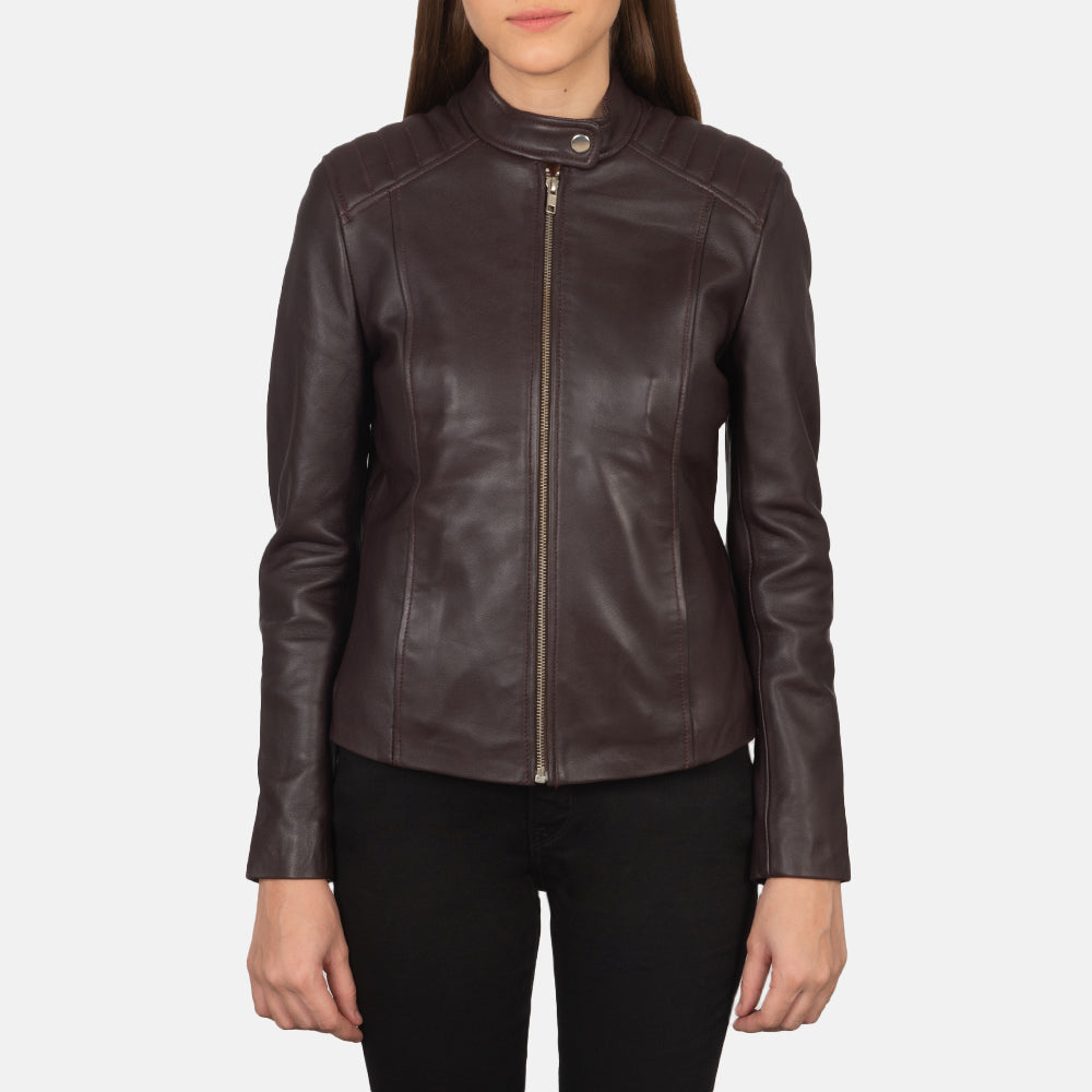 Kelsee Maroon Leather Biker Jacket by Dash Racegear - women Jacket view 4