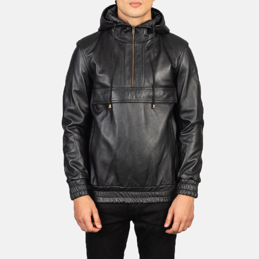 Kenton Hooded Black Leather Pullover Jacket by Dash Racegear - men Jacket view 1