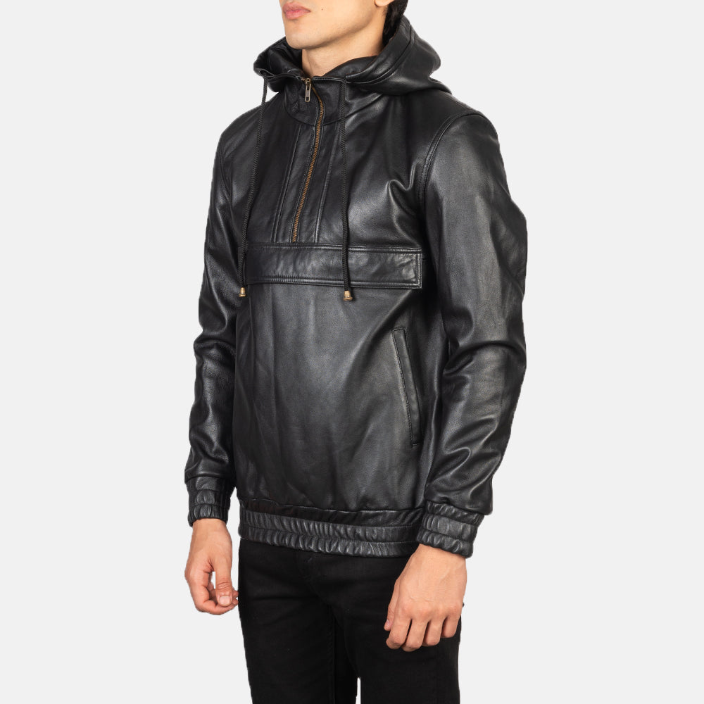 Kenton Hooded Black Leather Pullover Jacket by Dash Racegear - men Jacket view 2