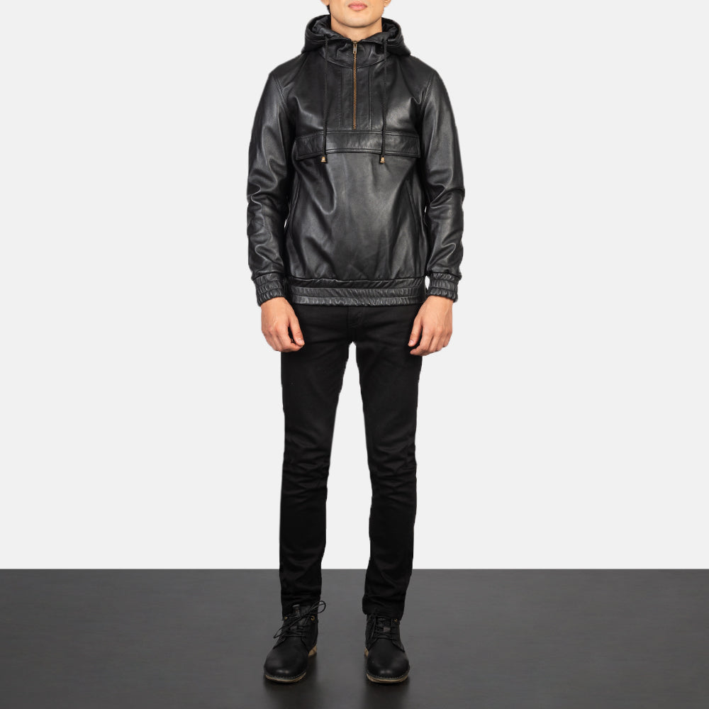 Kenton Hooded Black Leather Pullover Jacket by Dash Racegear - men Jacket view 3