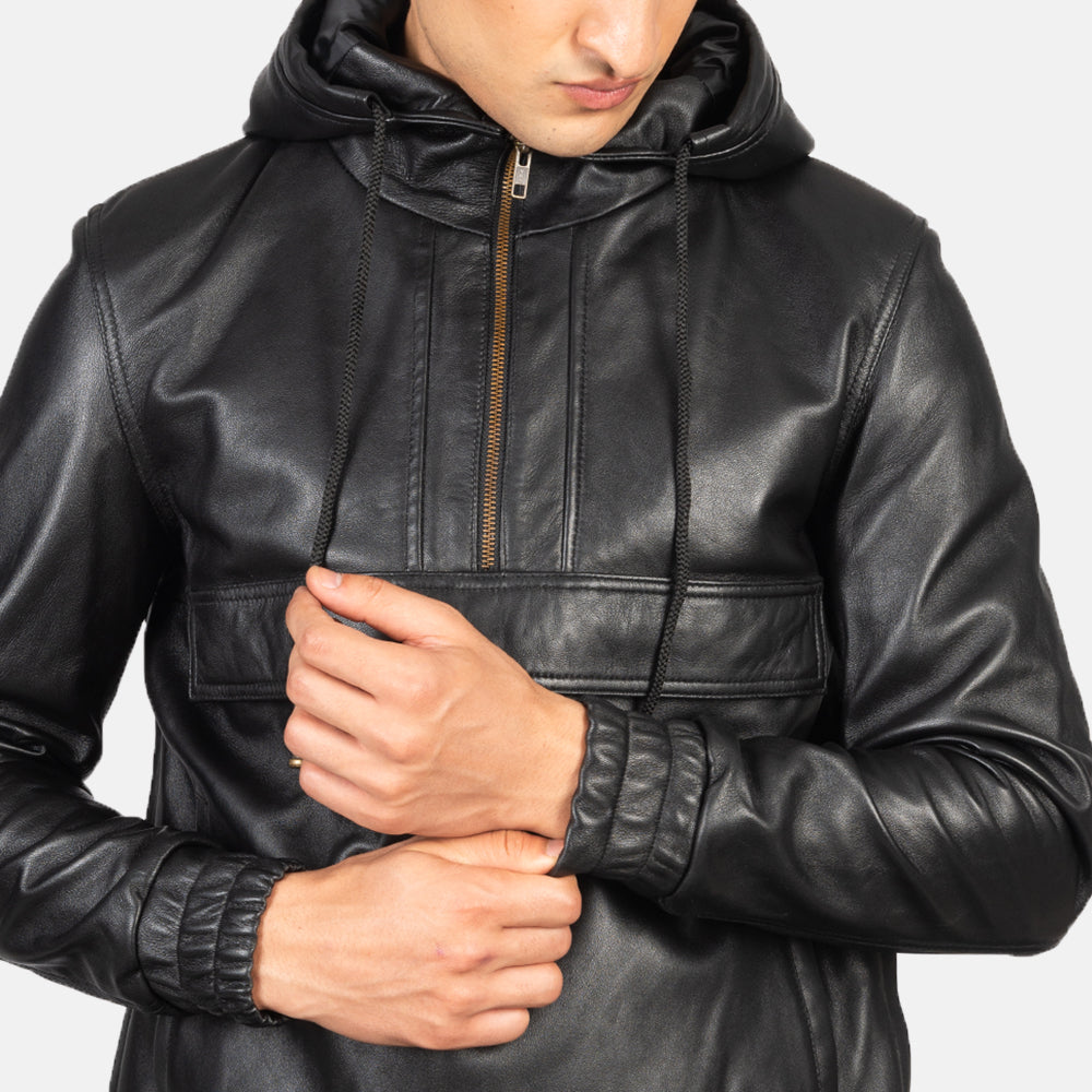 Kenton Hooded Black Leather Pullover Jacket by Dash Racegear - men Jacket view 6