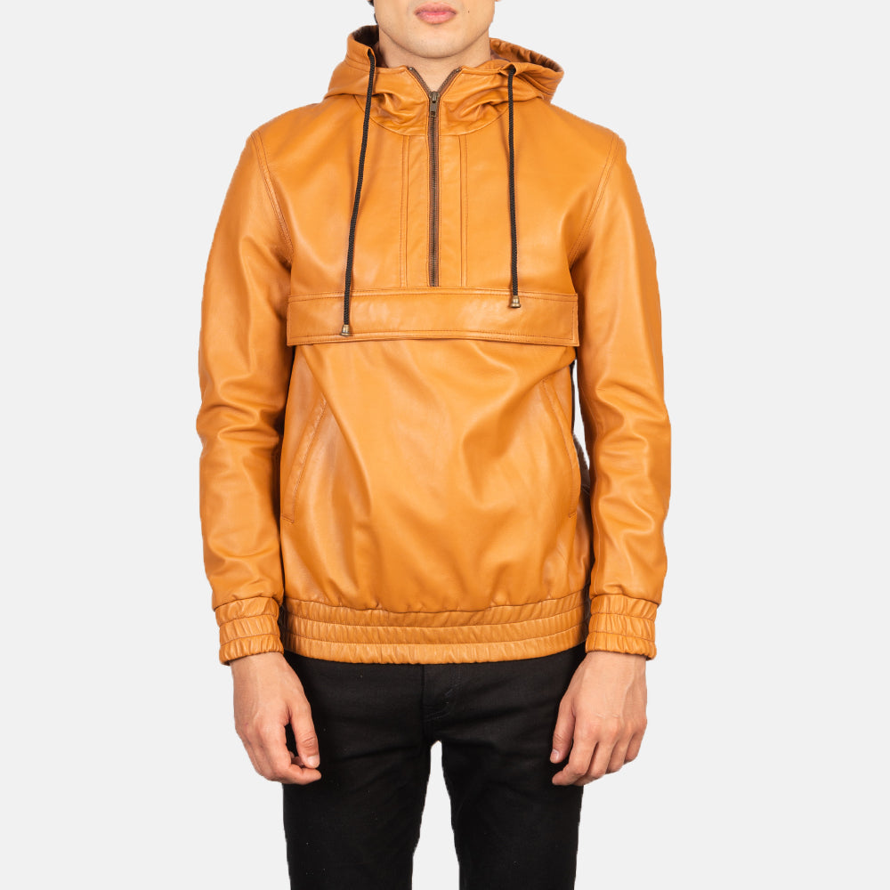 Kenton Hooded Brown Leather Pullover Jacket by Dash Racegear - men Jacket view 1