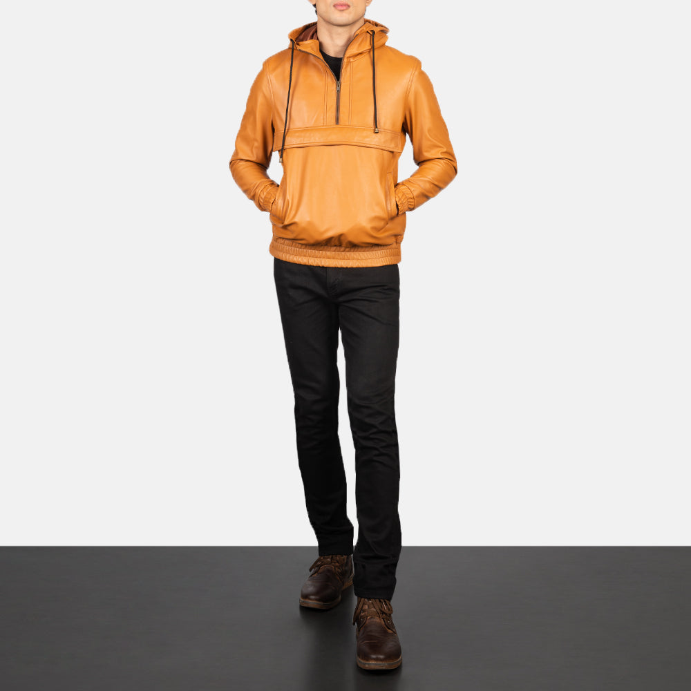 Kenton Hooded Brown Leather Pullover Jacket by Dash Racegear - men Jacket view 3