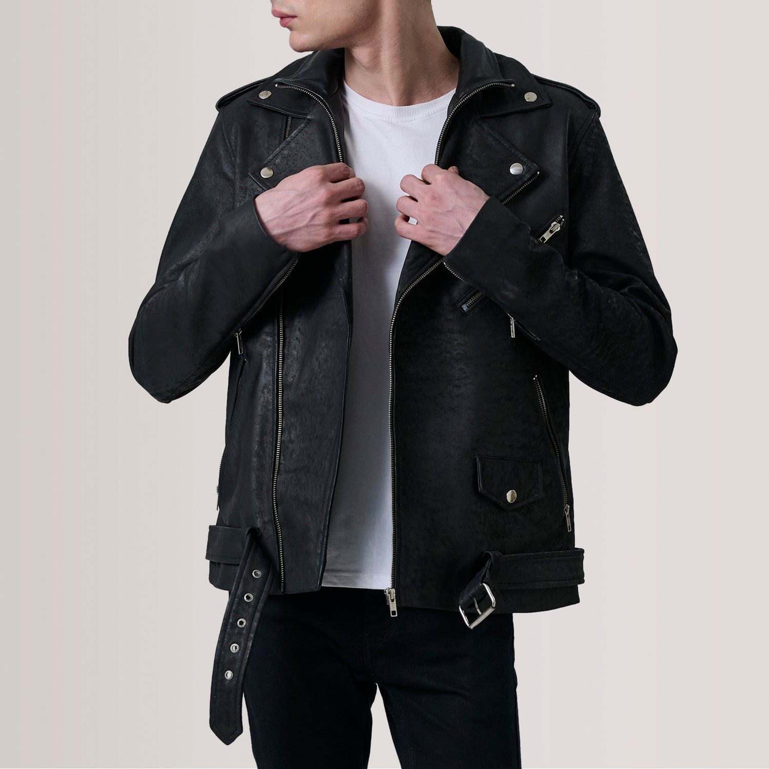 Kole Distressed Black Leather Double Rider Jacket by Dash Racegear - men Jacket view 1