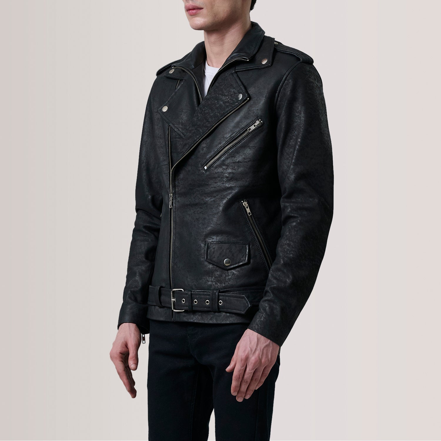 Kole Distressed Black Leather Double Rider Jacket by Dash Racegear - men Jacket view 3