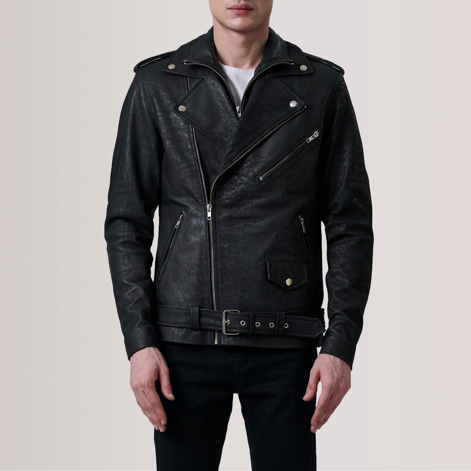 Kole Distressed Black Leather Double Rider Jacket by Dash Racegear - men Jacket view 5