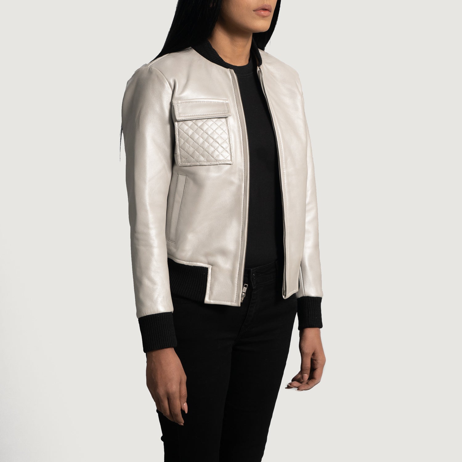 Lana Silver Leather Bomber Jacket by Dash Racegear - women Jacket view 3