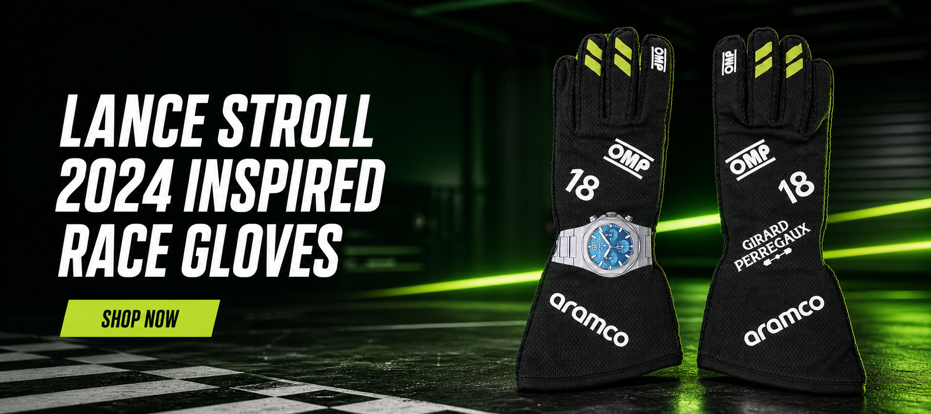 Lance Stroll 2024 inspired black race gloves with lime details and number 18