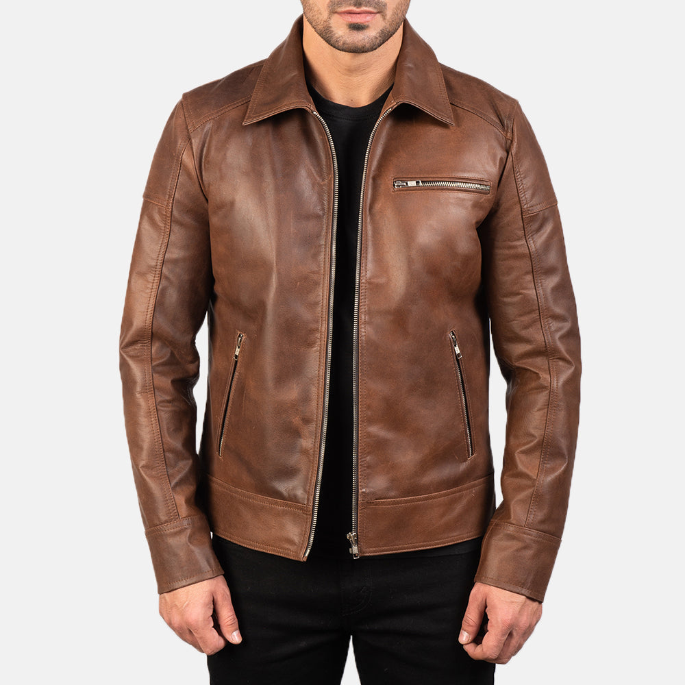 Lavendard Brown Leather Biker Jacket by Dash Racegear - men Jacket view 1