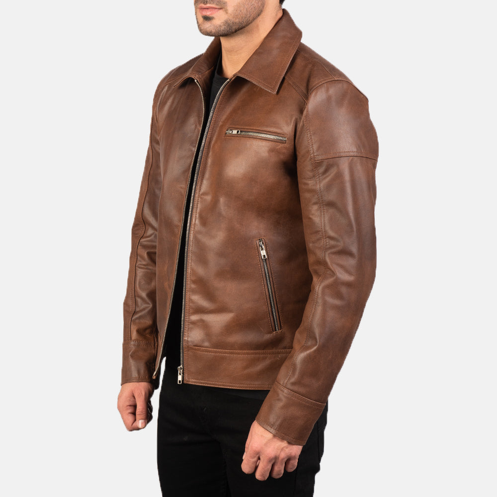 Lavendard Brown Leather Biker Jacket by Dash Racegear - men Jacket view 2