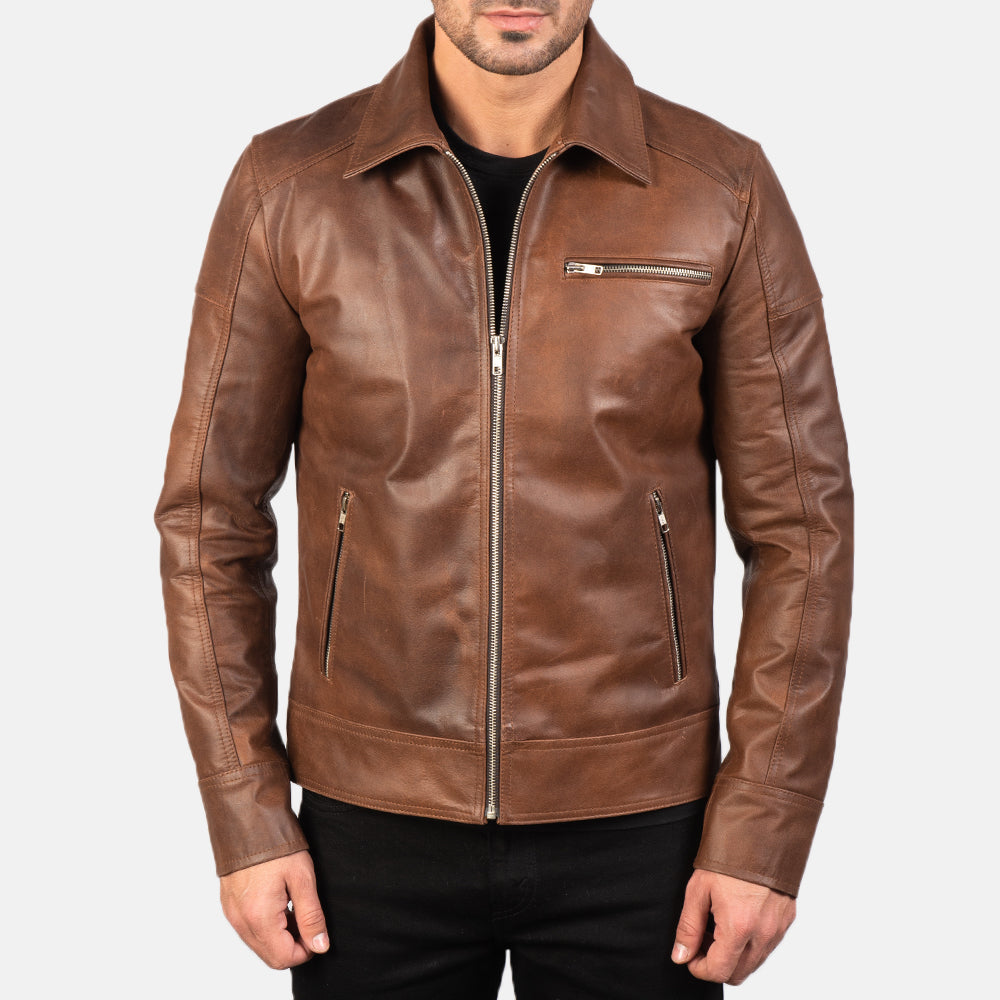 Lavendard Brown Leather Biker Jacket by Dash Racegear - men Jacket view 3