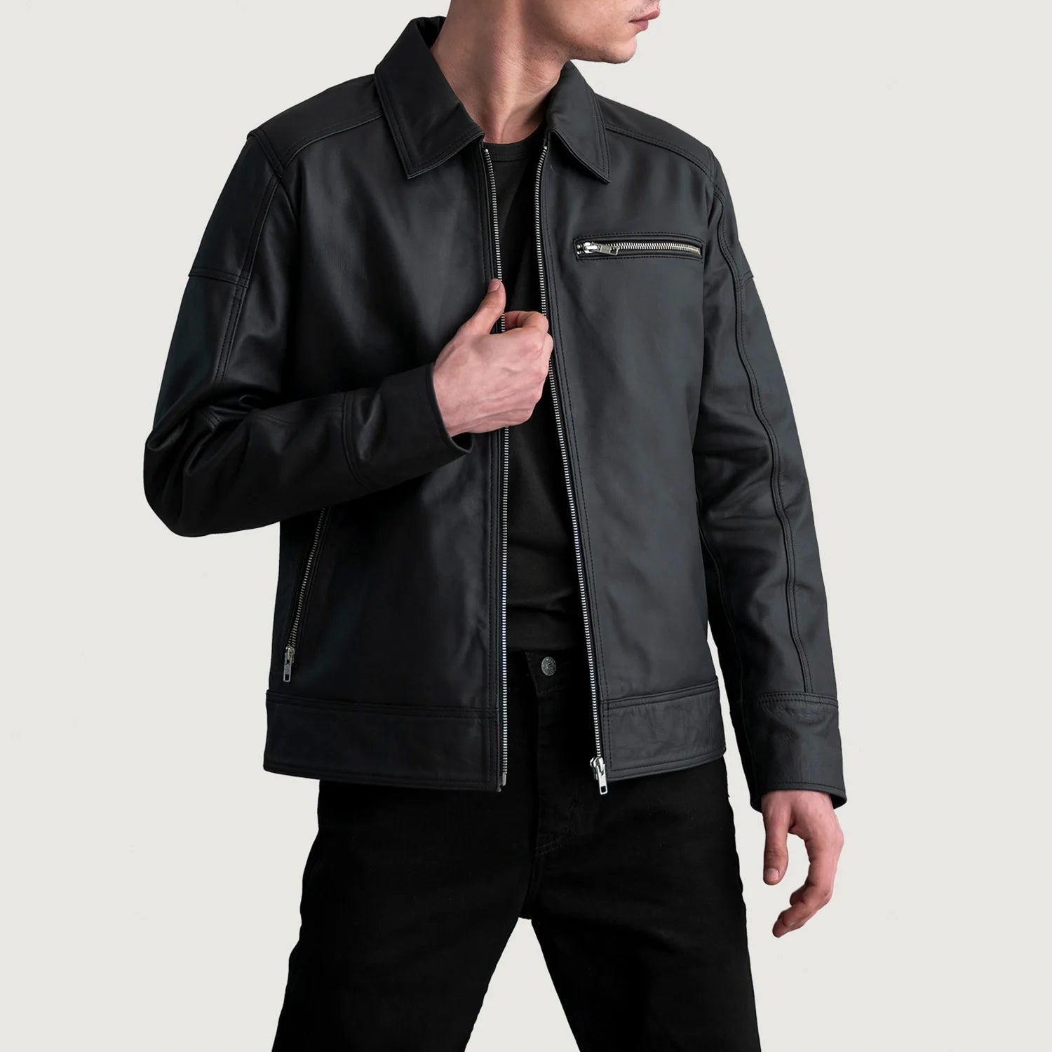 Lavendard Matte Black Leather Biker Jacket by Dash Racegear - men Jacket view 1