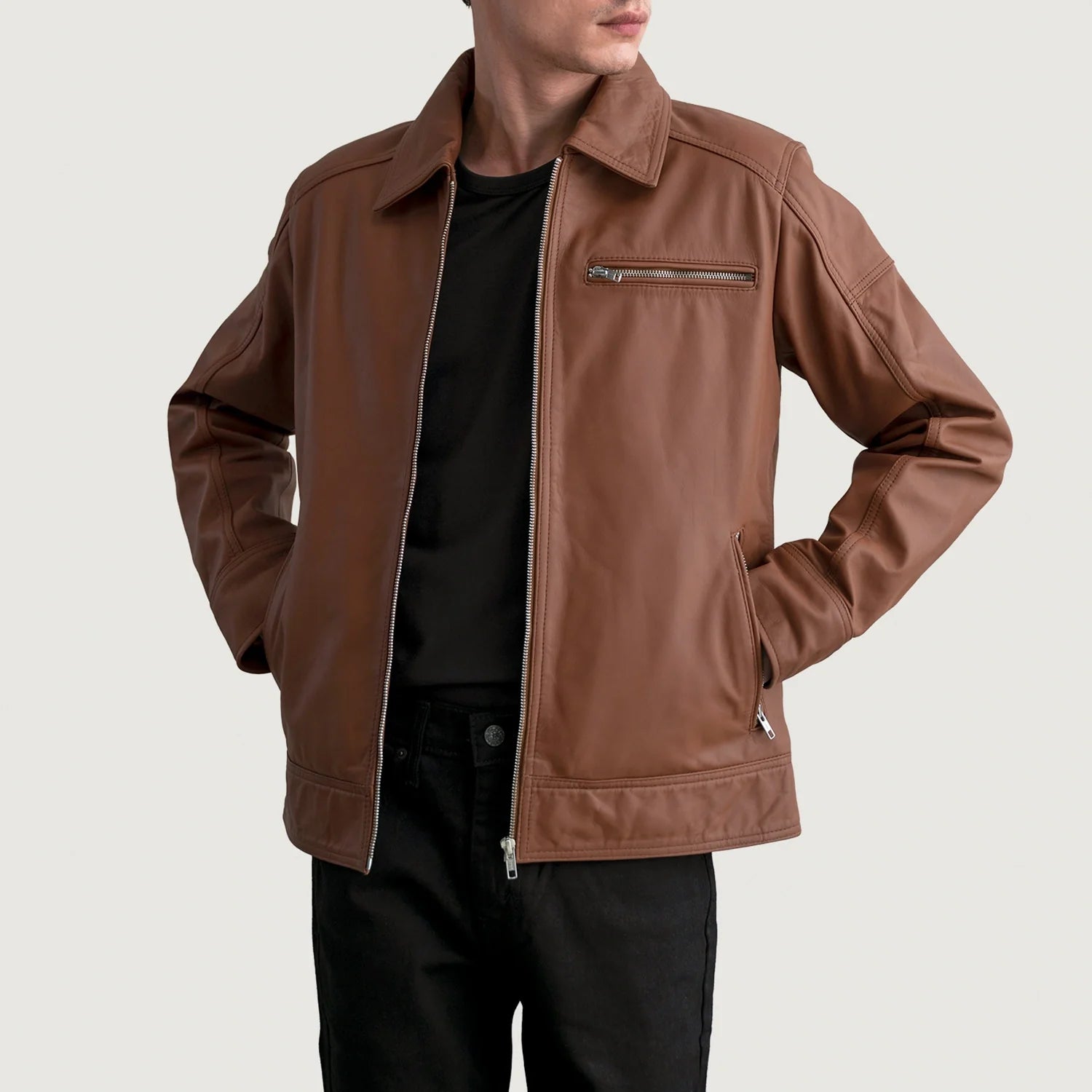 Lavendard Matte Brown Leather Biker Jacket by Dash Racegear - men Jacket view 1