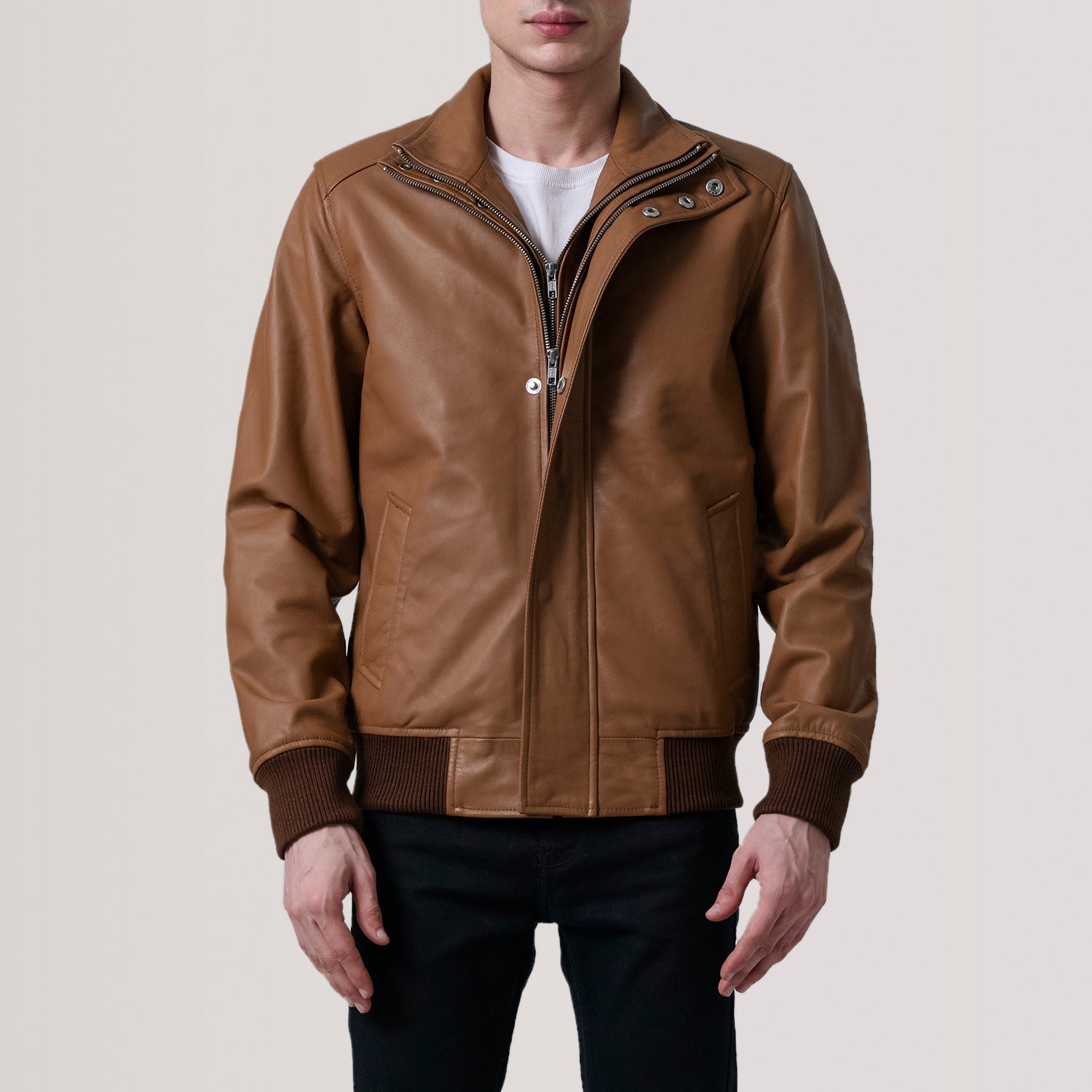 Lester Tan Leather Bomber Jacket by Dash Racegear - men Jacket view 4