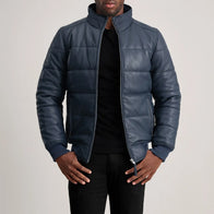 Lucas Blue Leather Puffer Bomber Jacket by Dash Racegear - men Jacket view 1