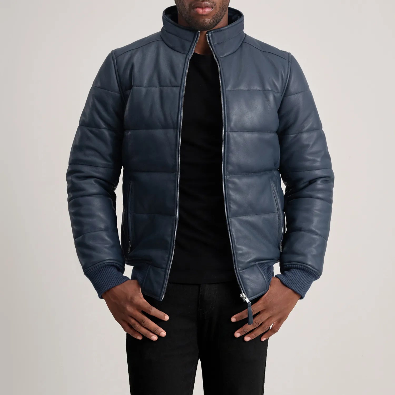 Lucas Blue Leather Puffer Bomber Jacket by Dash Racegear - men Jacket view 1