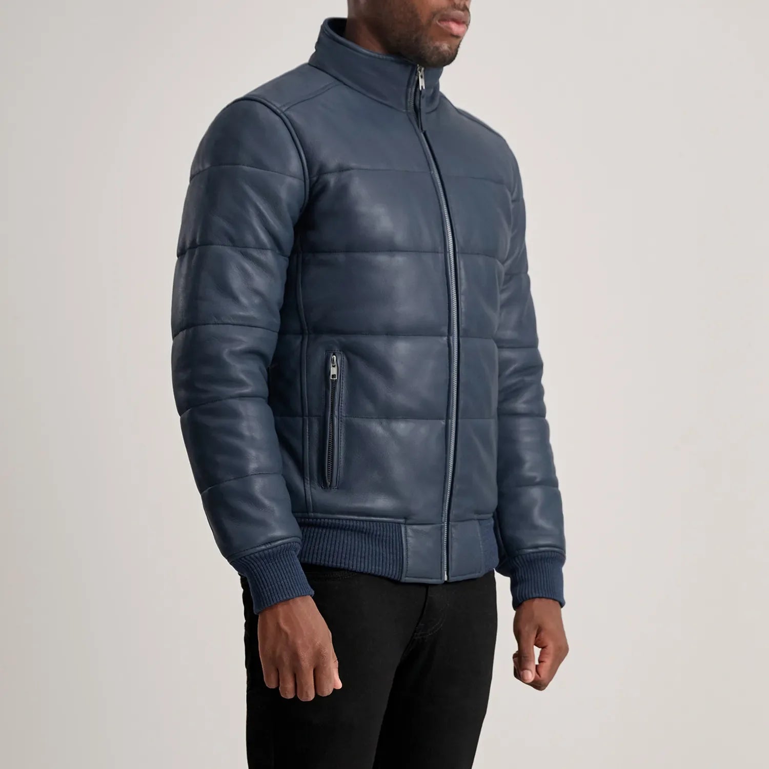 Lucas Blue Leather Puffer Bomber Jacket by Dash Racegear - men Jacket view 2