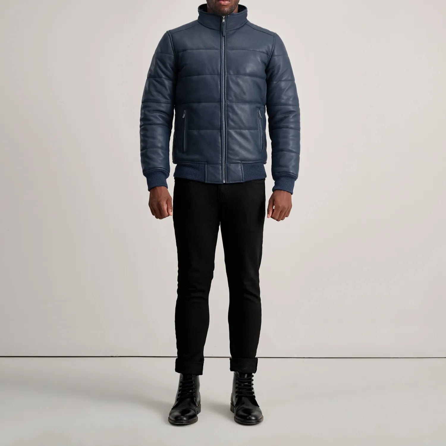 Lucas Blue Leather Puffer Bomber Jacket by Dash Racegear - men Jacket view 3
