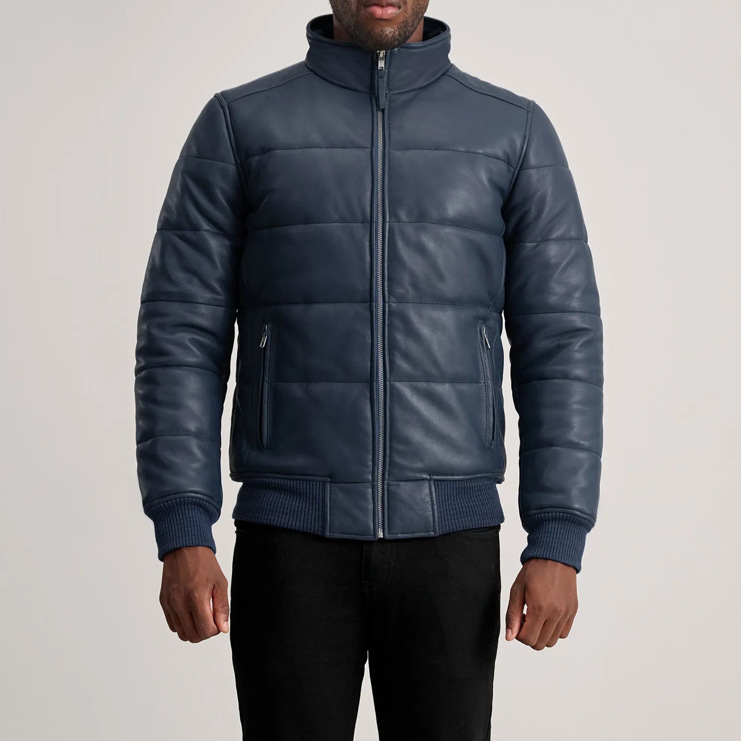Lucas Blue Leather Puffer Bomber Jacket by Dash Racegear - men Jacket view 4