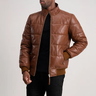 Lucas Brown Leather Puffer Bomber Jacket by Dash Racegear - men Jacket view 1