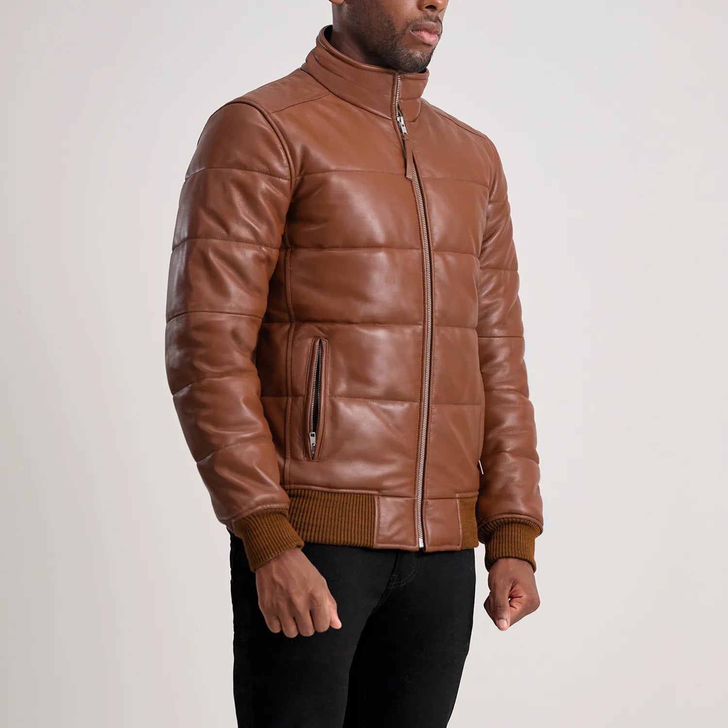Lucas Brown Leather Puffer Bomber Jacket by Dash Racegear - men Jacket view 2