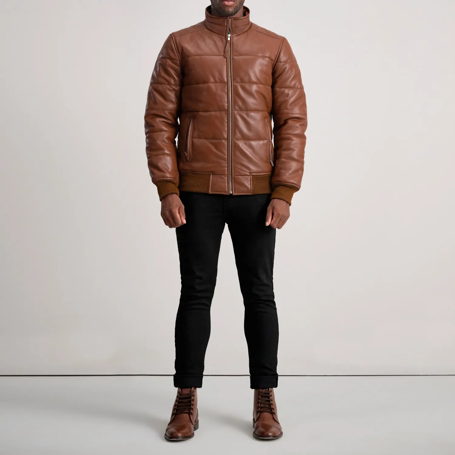 Lucas Brown Leather Puffer Bomber Jacket by Dash Racegear - men Jacket view 3