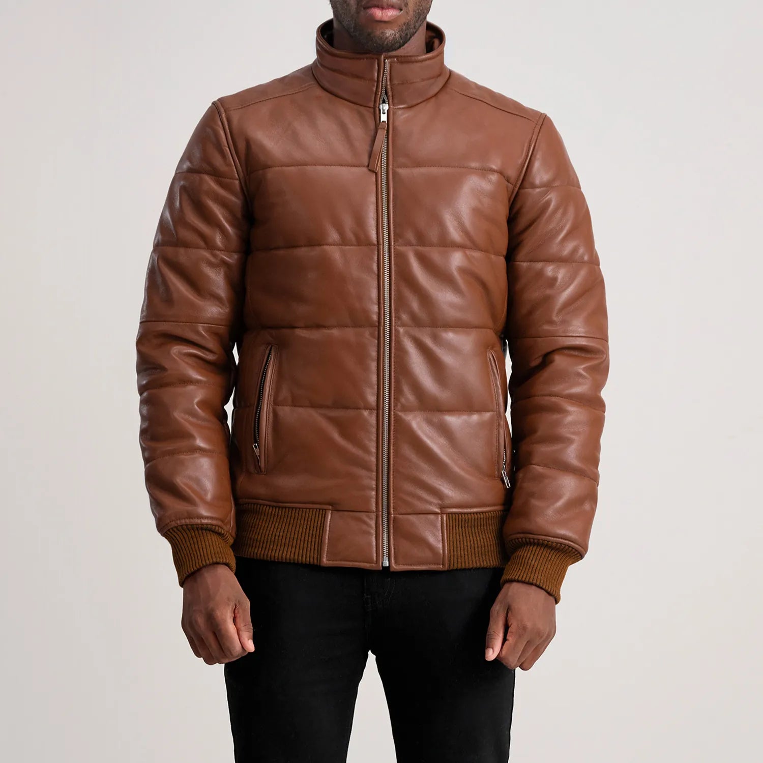 Lucas Brown Leather Puffer Bomber Jacket by Dash Racegear - men Jacket view 4