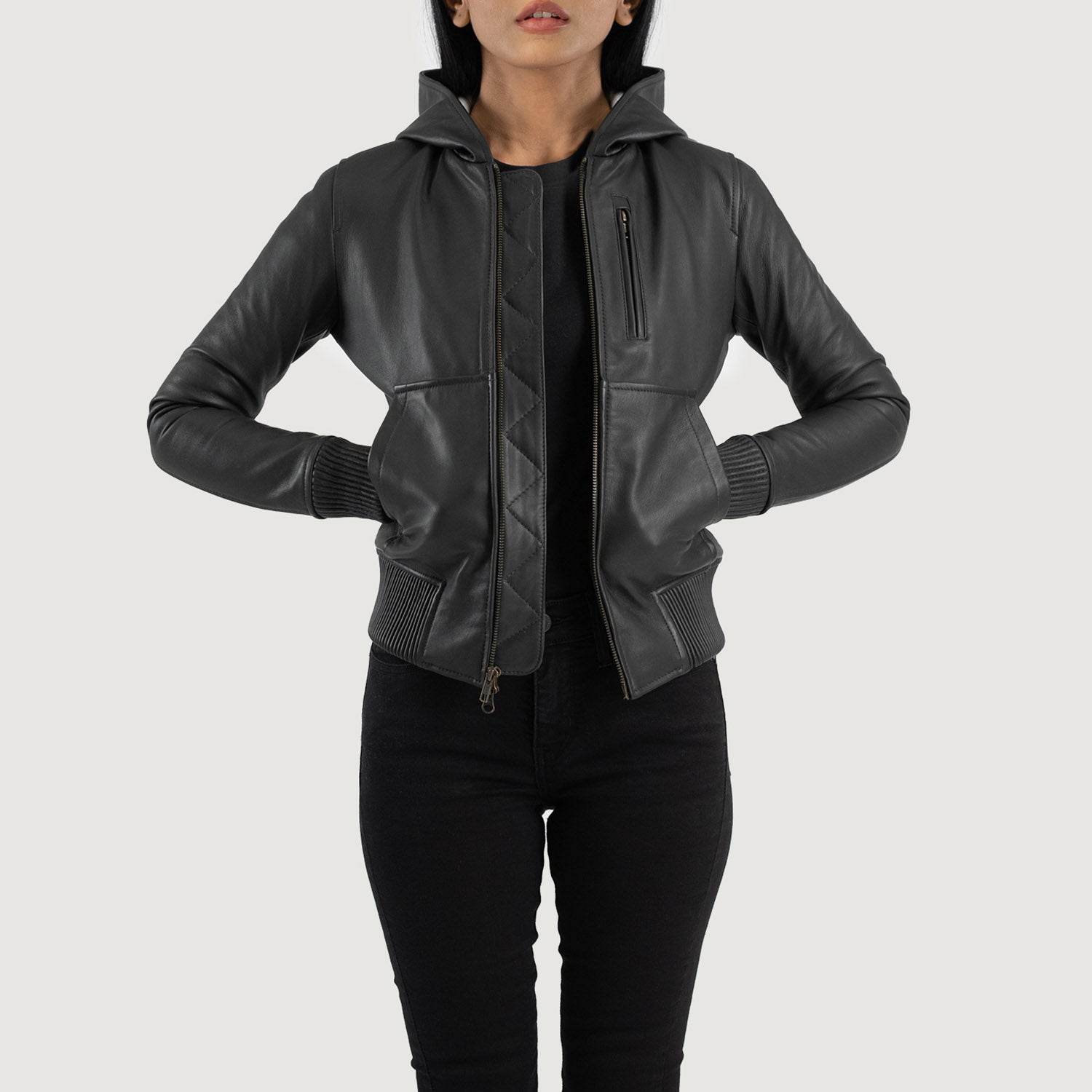 Luna Black Hooded Leather Bomber Jacket by Dash Racegear - women Jacket view 1