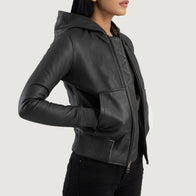 Luna Black Hooded Leather Bomber Jacket by Dash Racegear - women Jacket view 2