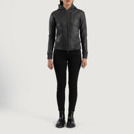 Luna Black Hooded Leather Bomber Jacket by Dash Racegear - women Jacket view 3