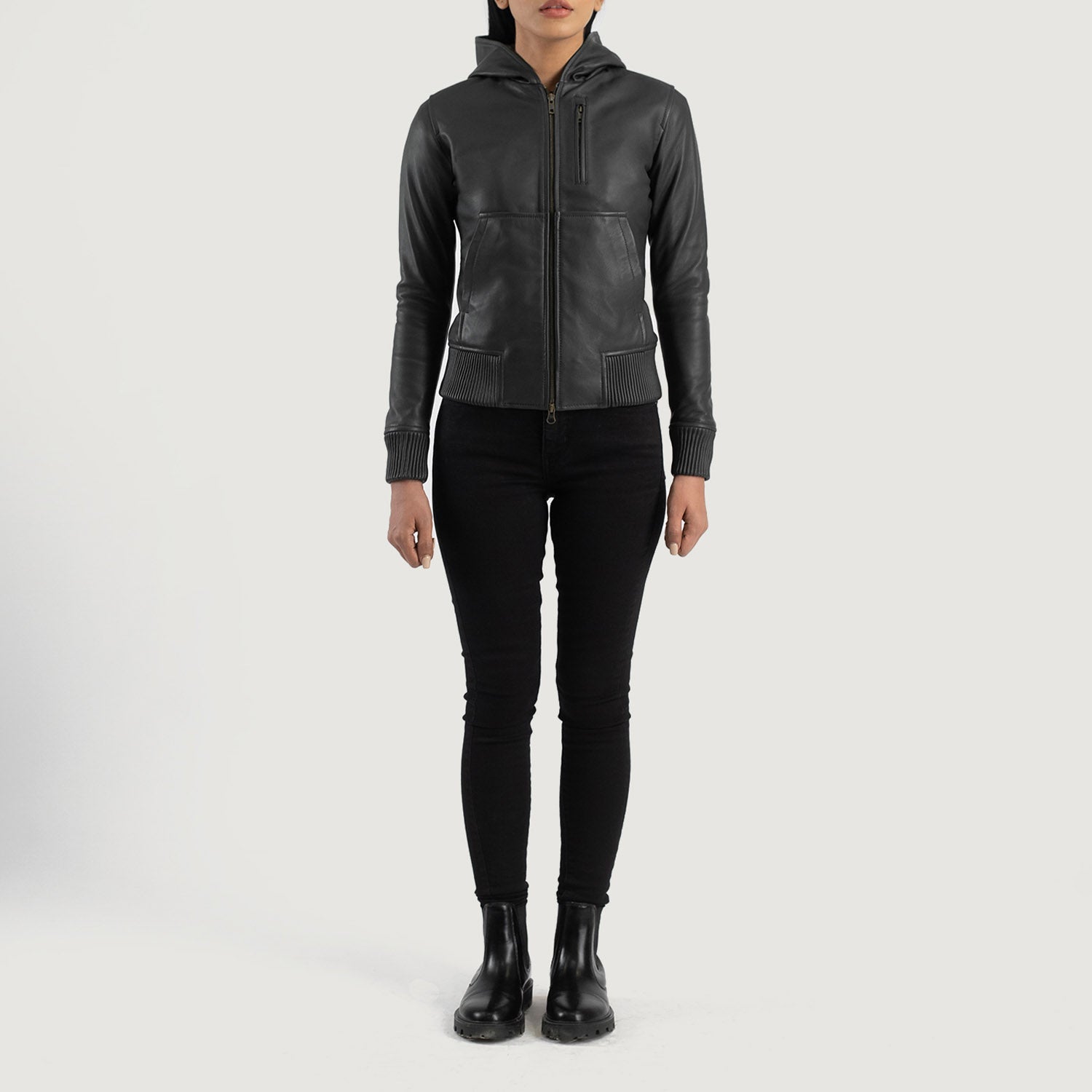 Luna Black Hooded Leather Bomber Jacket by Dash Racegear - women Jacket view 3