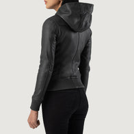 Luna Black Hooded Leather Bomber Jacket by Dash Racegear - women Jacket view 5