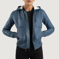 Luna Blue Hooded Leather Bomber Jacket by Dash Racegear - women Jacket view 1