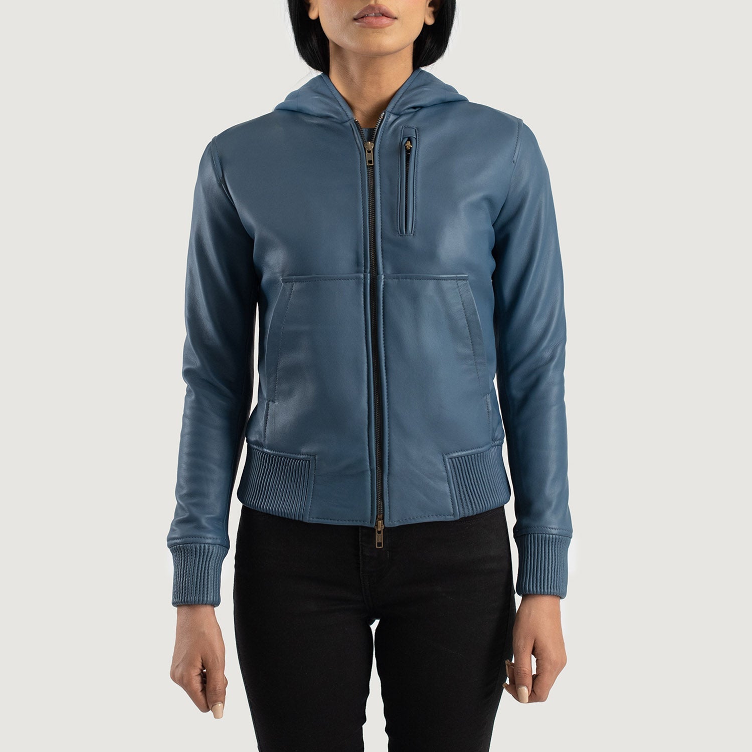 Luna Blue Hooded Leather Bomber Jacket by Dash Racegear - women Jacket view 4