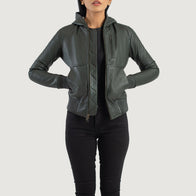 Luna Green Hooded Leather Bomber Jacket by Dash Racegear - women Jacket view 1