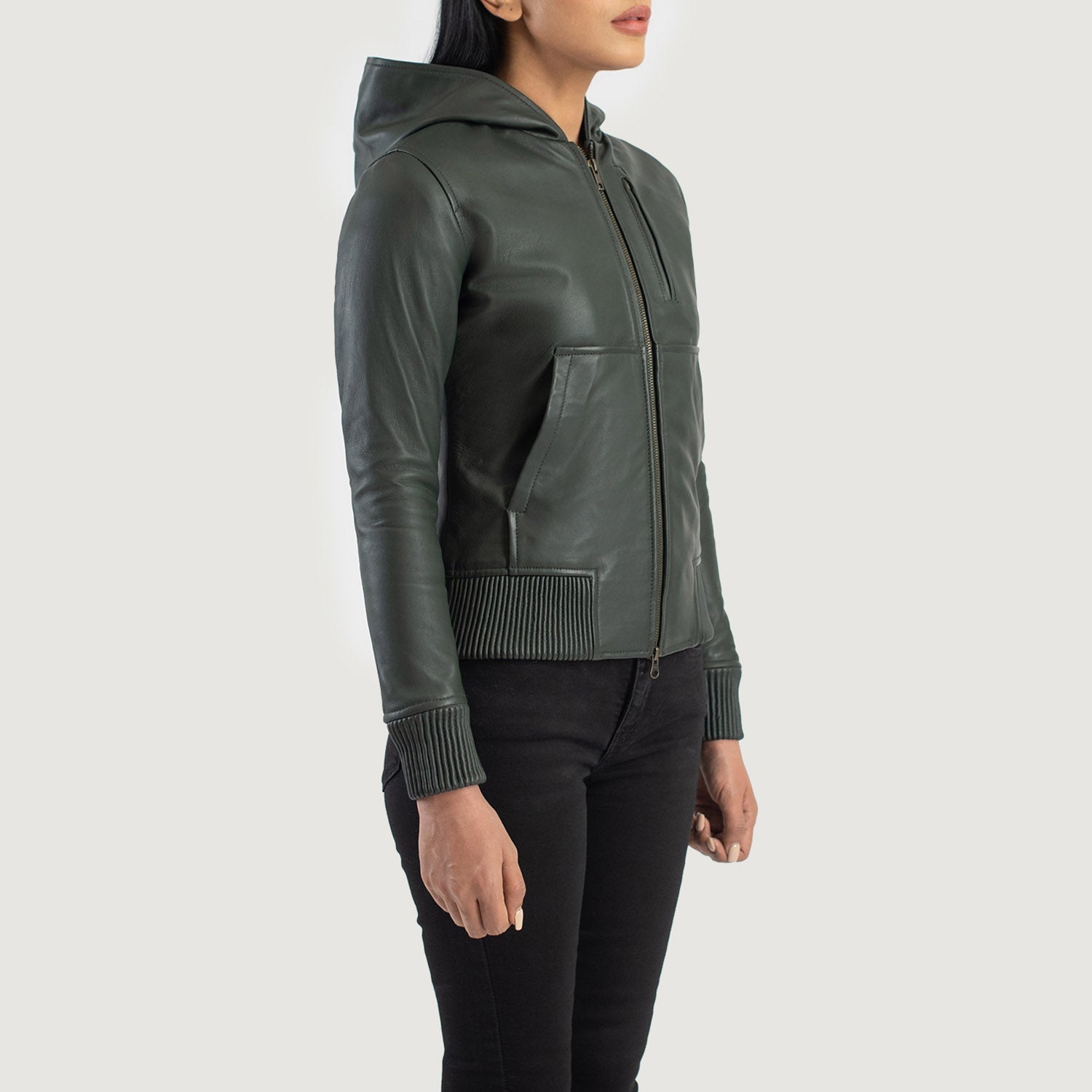 Luna Green Hooded Leather Bomber Jacket by Dash Racegear - women Jacket view 2
