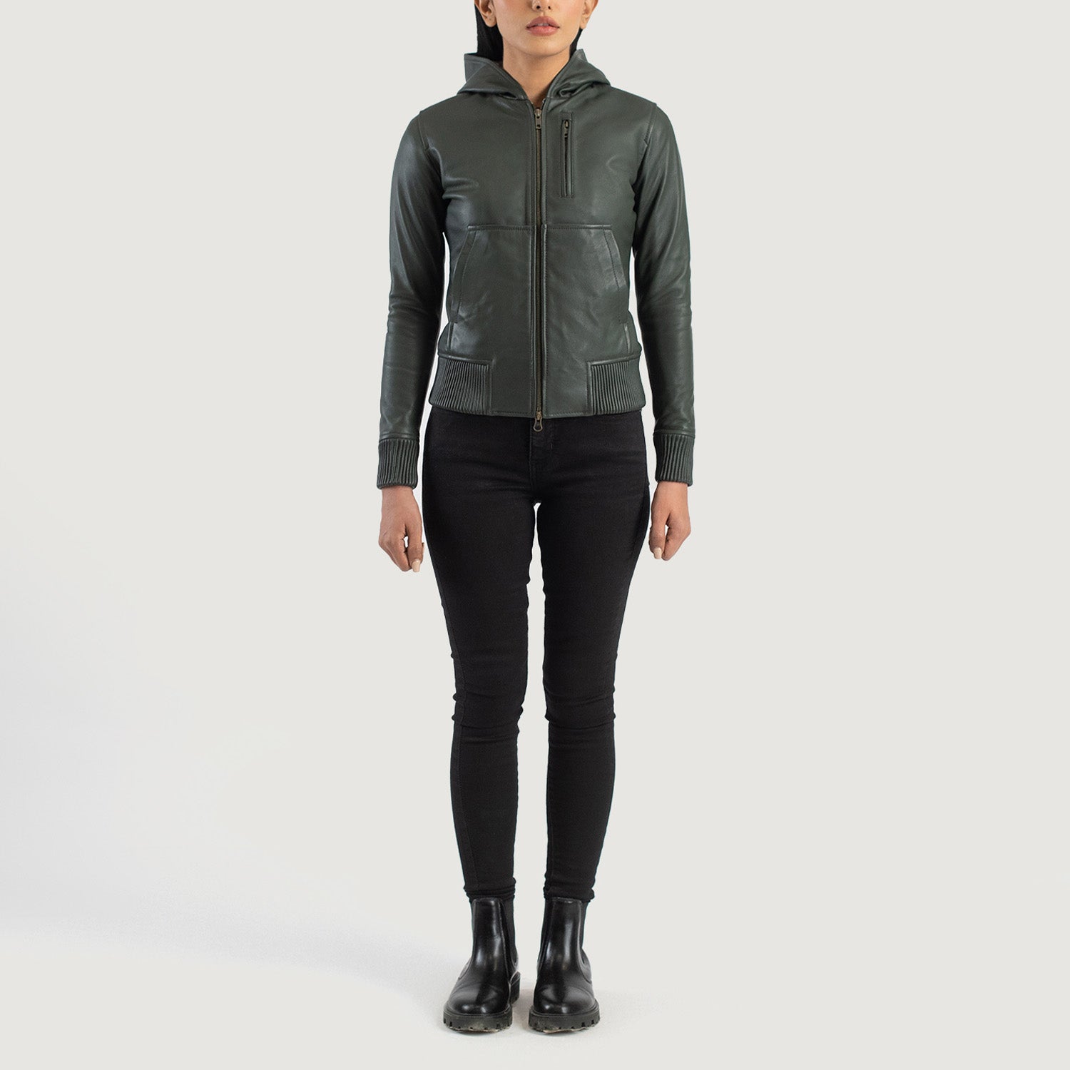 Luna Green Hooded Leather Bomber Jacket by Dash Racegear - women Jacket view 3