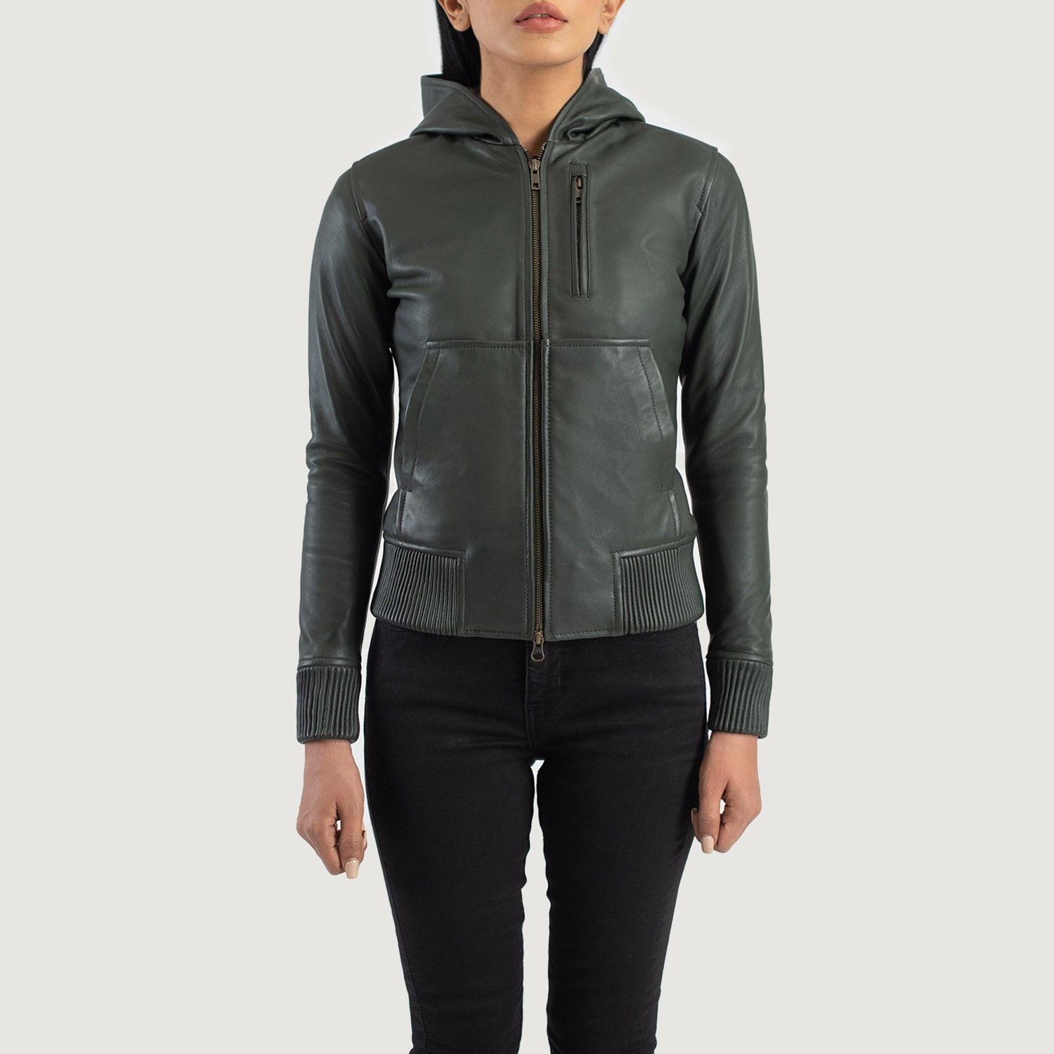 Luna Green Hooded Leather Bomber Jacket by Dash Racegear - women Jacket view 4